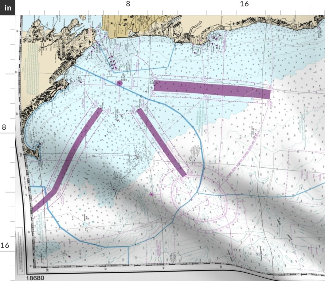 NOAA California Coast #18680 nautical chart, Point Sur to San Francisco  (42"x32.6", fits one yard of any fabric)