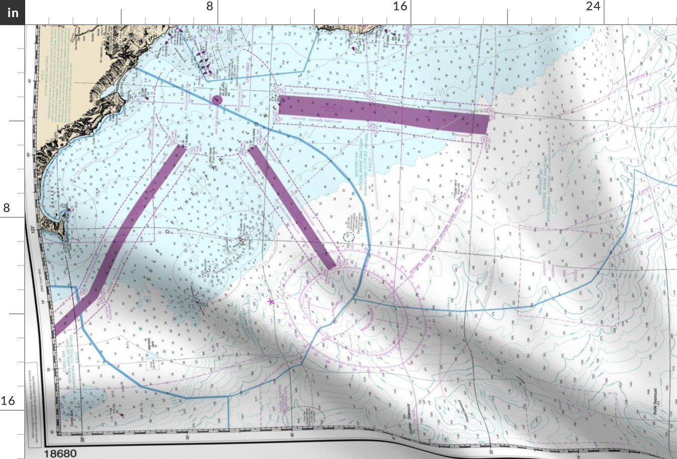 NOAA California Coast #18680 nautical chart, Point Sur to San Francisco  (46.5"x36", fits one yard of wide fabrics )