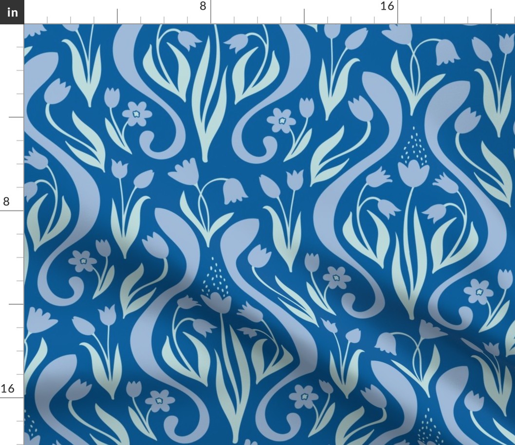 Tulips in blue, arranged in a damask style pattern