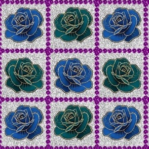 Blue and Teal vintage roses on silver glitter like background