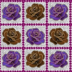 Purple and rust vintage roses on silver glitter like background