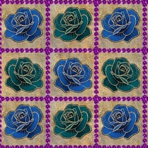 Blue and Teal Vintage roses on aged linen like background