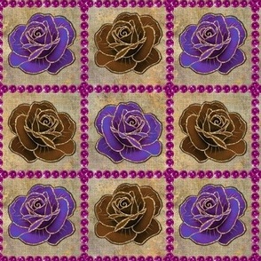 Purple and rust vintage roses on linen like background