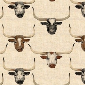 Custom Longhorn cattle portraits on linen look deep-toned