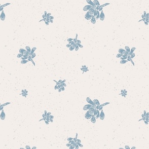 Linocut Mint Flower Buds, Blue Gray Floral Large