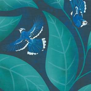 dark moody jumbo scale blue jay birds in pantone ultra steady floral emerald midnight cobalt bedding wall