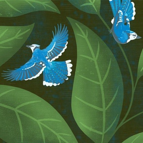 dark moody jumbo scale blue jay birds floral green cobalt bedding wallpaper
