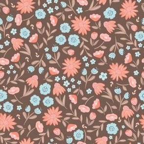 Ditsy Boho Floral of Blue, Brown and Pink Flowers