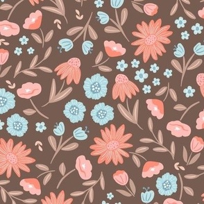 Boho Inspired Floral in Brown, Blue and Pink