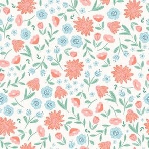 Ditsy Whimsical White, Blue and Pink Floral