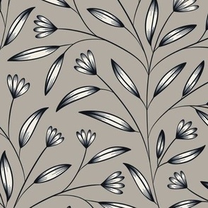 Black Line Flowers and Leaves | Cloudy Silver Taupe, Creamy White | Floral