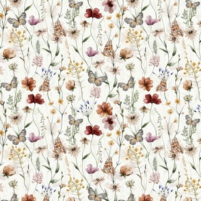 10" A beautiful cute Dried Pressed Wildflowers Meadow flower garden with wildflower and grasses and insects on white background- for home decor Baby Girl and nursery  fabric perfect for kidsroom wallpaper,kids room