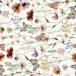 Turned left 18" A beautiful cute Dried Pressed Wildflowers Meadow flower garden with wildflower and grasses and insects on white background- for home decor Baby Girl and nursery  fabric perfect for kidsroom wallpaper,kids room