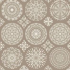 Detailed Handdrawn Mandala Tile | Creamy White, Khaki Brown | Detailed
