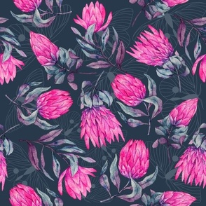 Watercolor Protea Flowers | Pink and Navy Blue Color Palette