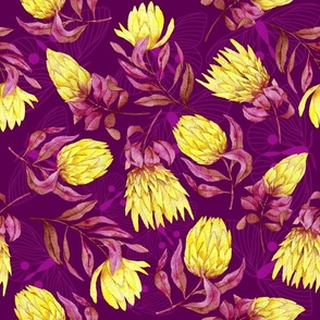 Watercolor Protea Flowers | Deep Magenta and Yellow Color Palette