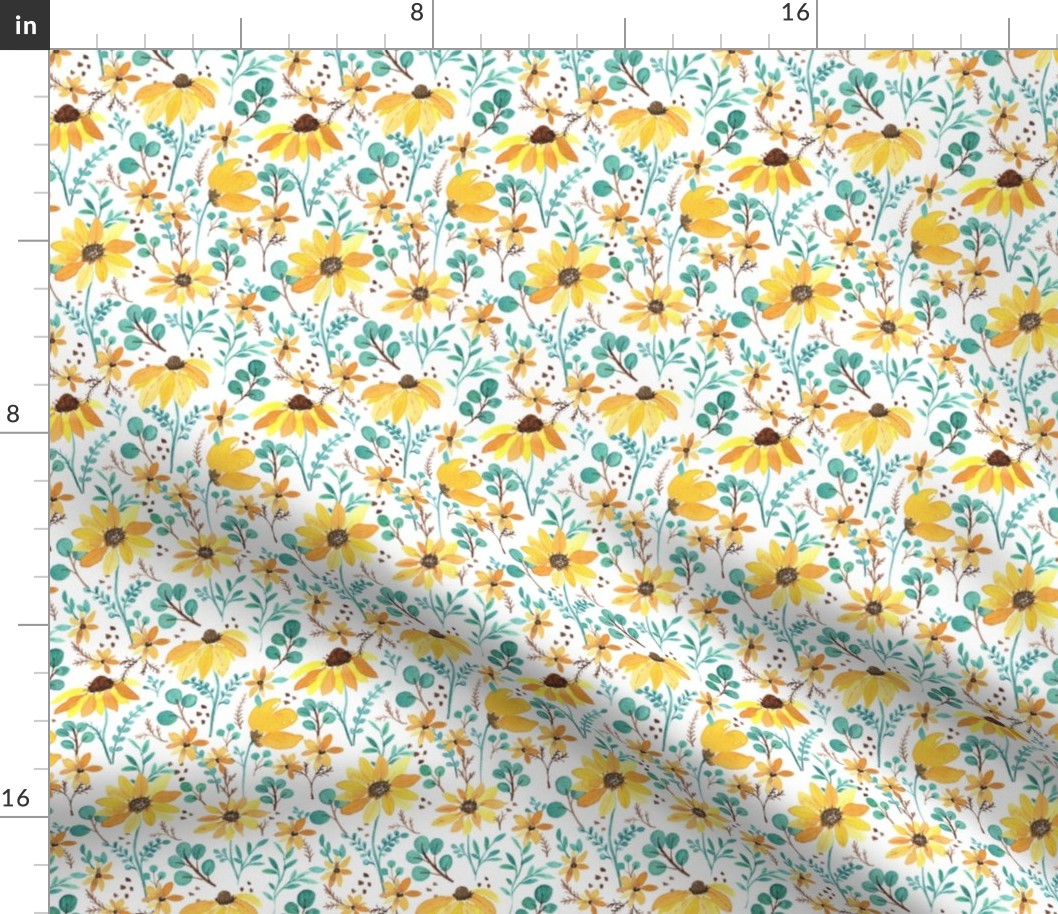 Small-Teal and Yellow Watercolor Boho Floral