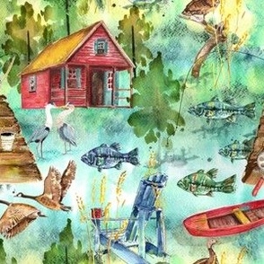 Lake Life Memories - Watercolor fishing, cabin, wildlife, 