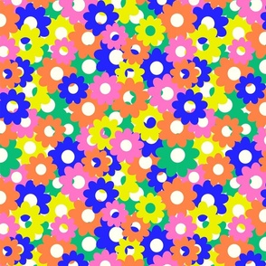 Teeming With Flowers Pattern On Cream In Pink, Blue, Orange, Green, Yellow