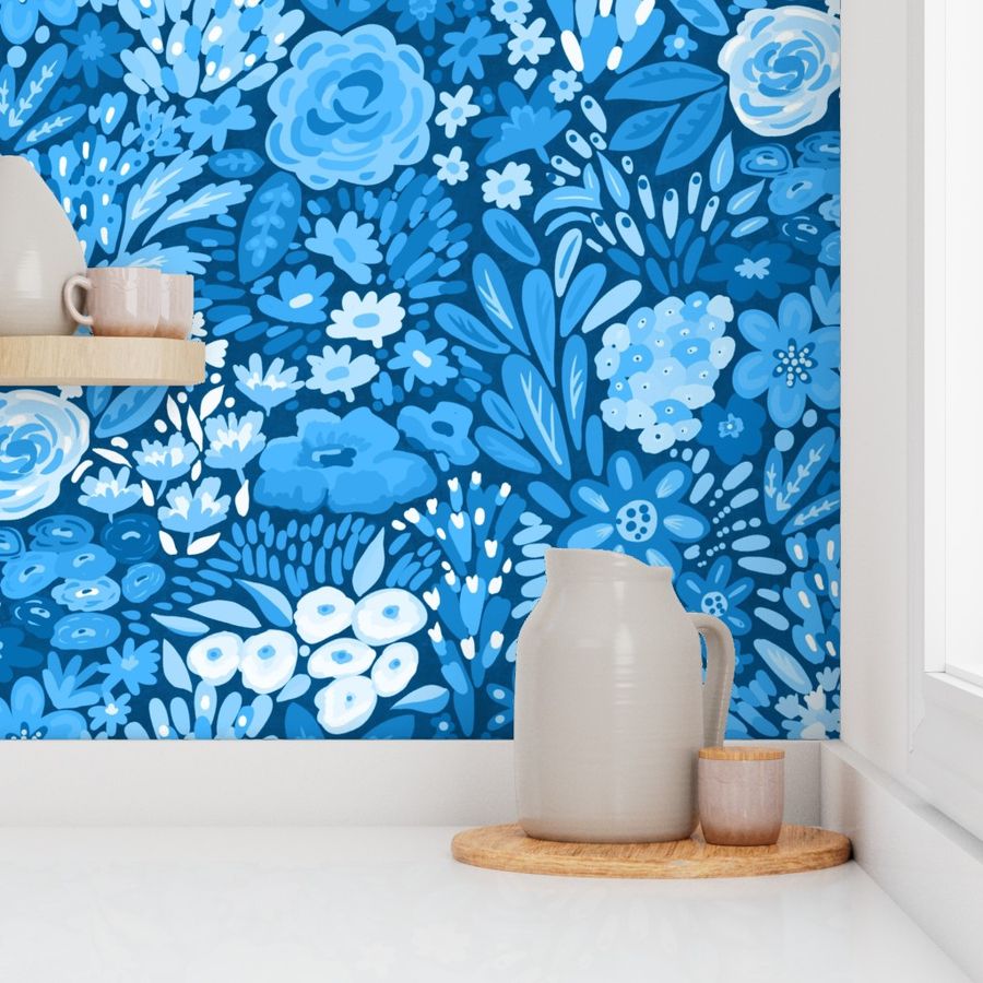 gorgeous monotone blue floral wallpaper Wallpaper | Spoonflower