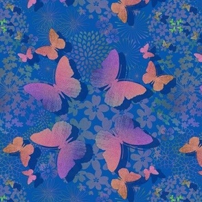 Multicolor butterflies and flowers on blue