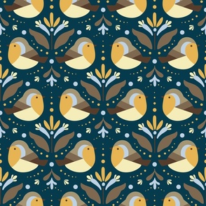 Cute Birds and Stylized Flowers on Prussian Blue bg. Meadow Birds collection - Magical Meadow