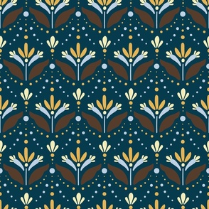 Stylized Flowers on Prussian Blue bg. Meadow Birds collection - Magical Meadow