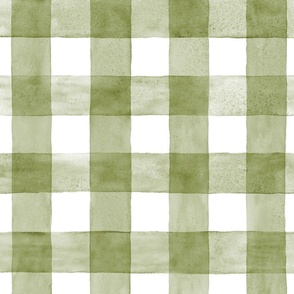 Sage Green Watercolor Gingham - Large Scale - Watercolor Olive Dusty Green Checkers Buffalo Plaid