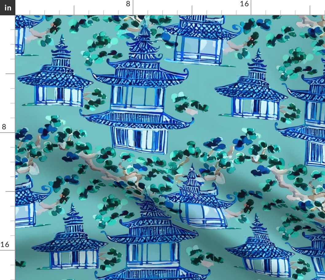 Green and blue pagoda garden