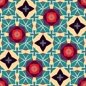 Vibrant Floral Geometry - Red Blooms and Teal Accents