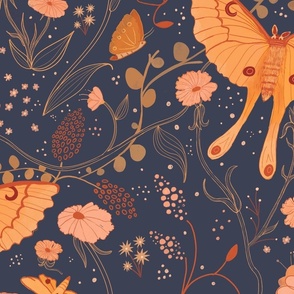 Moths in the garden, dark blue, pink and orange, botanical, vintage inspired || larger size