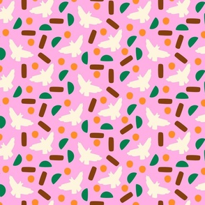 Abstract white birds with green, orange, brown shapes on hot pink