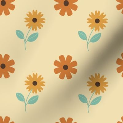 Sixties Retro Flowers in Brown - Light Cream Background // 4x4