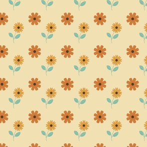 Sixties Retro Flowers in Brown - Light Cream Background // 4x4