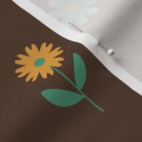 Sixties Retro Flowers in Brown - Dark Brown Background // 4x4