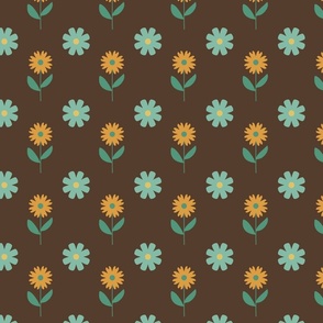 Sixties Retro Flowers in Brown - Dark Brown Background // 4x4