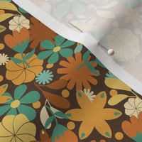 Sixties Retro Flowers in Brown - Dark Brown Background // 4x4