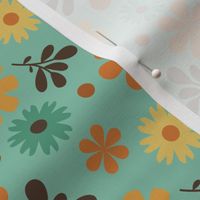 Sixties Retro Flowers in Brown - Teal Background // 4x4