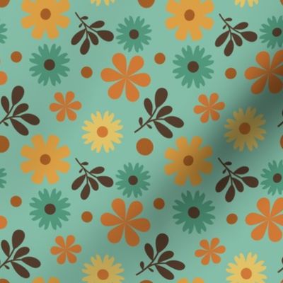 Sixties Retro Flowers in Brown - Teal Background // 4x4