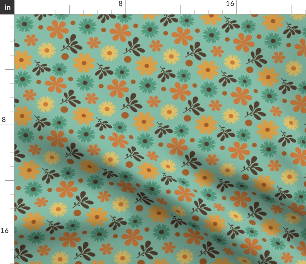 Sixties Retro Flowers in Brown - Teal Background // 4x4