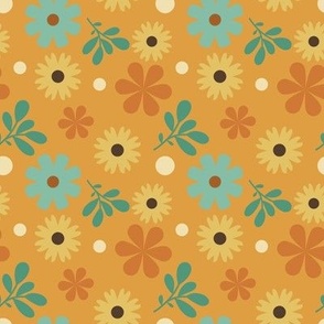 Sixties Retro Flowers in Brown - Light Gold Background // 4x4
