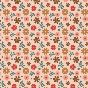 Sixties Retro Flowers in Coral - Cream Background // 4x4