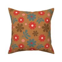 Sixties Retro Flowers in Coral - Light Brown Background // 8x8