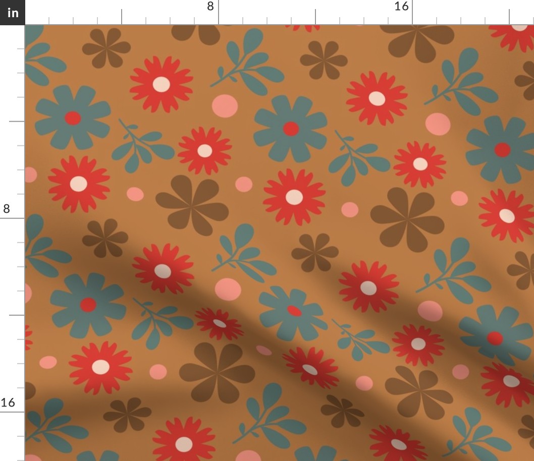 Sixties Retro Flowers in Coral - Light Brown Background // 8x8