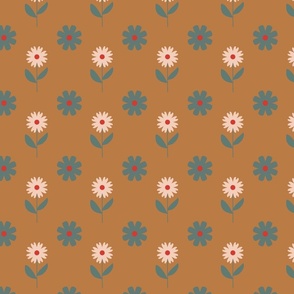 Sixties Retro Flowers in Coral Red - Gold Background // 4x4