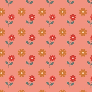Sixties Retro Flowers in Coral - Pink Background // 4x4