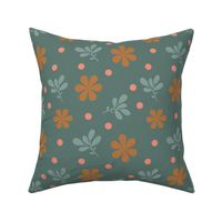 Sixties Retro Flowers in Coral - Teal Background // 8x8