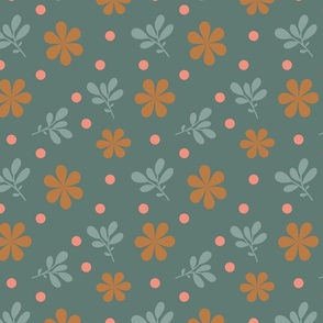 Sixties Retro Flowers in Coral - Teal Background // 8x8