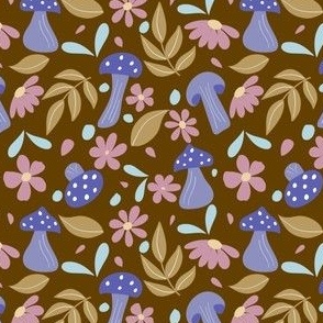 Cute Purple Mushrooms with Flowers - Brown Background // 4x4