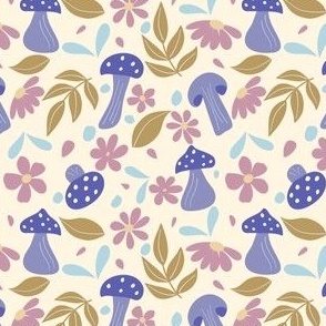 Cute Purple Mushrooms and Flowers - Cream Background // 4x4